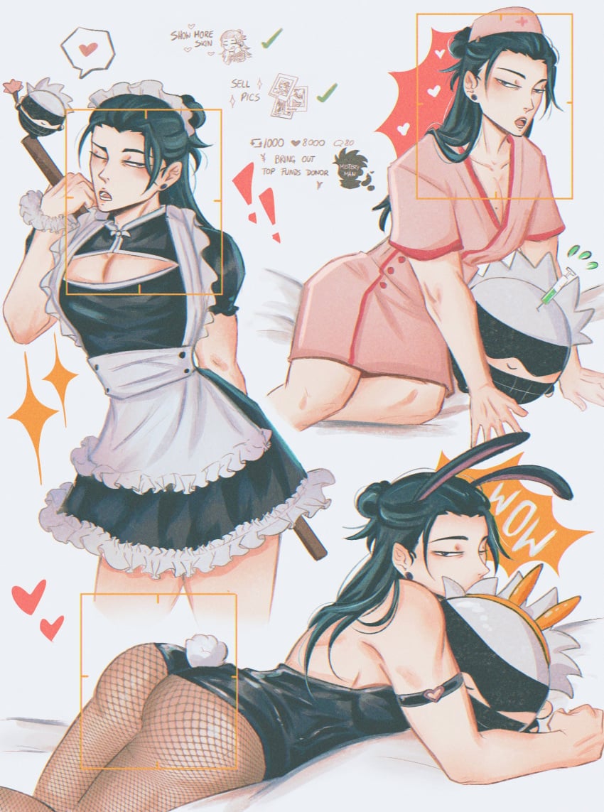 bandage big_ass big_breasts big_butt big_thighs black_hair bunny_ears bunny_girl bunnysuit color curvy curvy_figure earrings fuck_me_eyes gay heart jujutsu_kaisen lipstick long_hair maid_headdress maid_uniform nurse nurse_hat nurse_uniform picture_frame plushie satoru_gojo slutty_outfit stockings sucking suguru_geto syringe twink white_hair xo_romiiarts