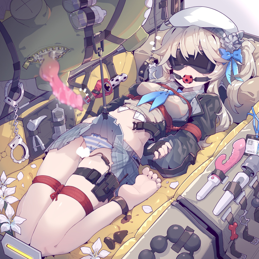 absurdres animal_penis arms_behind_back ball_gag barefoot black_blindfold blindfold blue_neckerchief bound breasts character_request commentary_request dildo female full_body gag gagged girls'_frontline grey_hair grey_skirt highres hitachi_magic_wand imazawa knotted_penis long_hair lying medium_breasts miniskirt navel neckerchief on_back open_mouth paid_reward_available penis plaid plaid_skirt pleated_skirt restrained sex_toy side_ponytail skirt soles solo toes variant_set vibrator wavy_mouth white_headwear