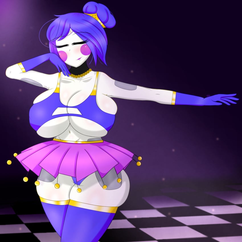 ballerina ballerina_position ballora ballora_(fnafsl) big_breasts blue_bra blue_hair blue_panties blush bra breast_squeeze breasts_bigger_than_head bun bun_hair closed_eyes dark_background female female_only five_nights_at_freddy's five_nights_at_freddy's:_sister_location five_nights_in_anime fnia gothtrishy huge_breasts leggings light-skinned_female light_skin lipstick pale-skinned_female pale_skin panties purple_eyes robot robot_girl robot_humanoid shiny_clothes shiny_hair shiny_skin skirt squish squished_breasts tall_female thick_thighs thighs_bigger_than_head tight_clothing tummy white_background white_body white_skin