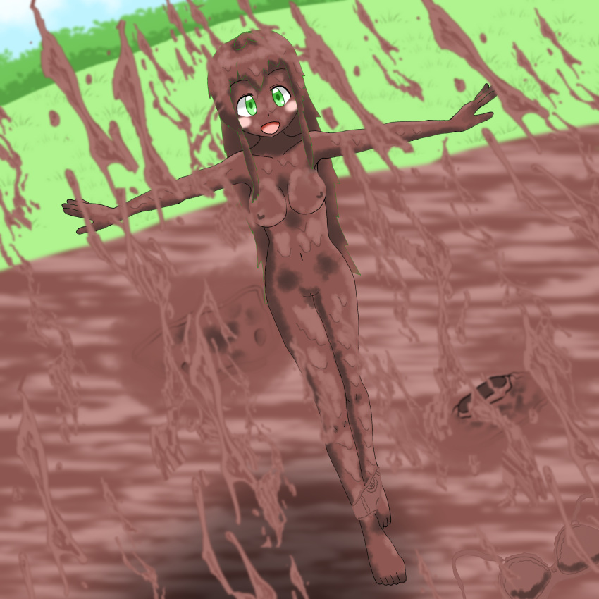 breasts completely_covered_in_mud completely_naked completely_nude covered_in_mud dirty dirty_girl female female_only high-angle_view kochiya_sanae mud muddy naked nipples nude ryuusou sanae_kochiya solo touhou weird