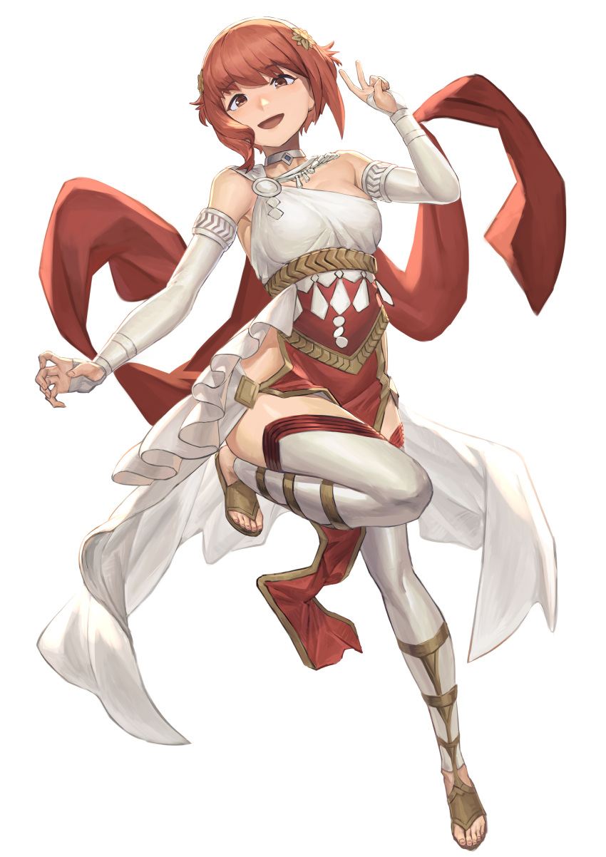 1girls :d absurdres ancient_greek_clothes armlet armpits bangs bare_thighs bracelet breasts bridal_gauntlets choker collar commission daisuke_6897 dancer dancer_(fire_emblem:_three_houses) dancer_(three_houses) dancing dress female female_only fire_emblem fire_emblem:_three_houses fire_emblem_fates full_body gladiator_sandals greco-roman_clothes highres inner_thighs jewelry leg_up looking_at_viewer medium_breasts nintendo open_mouth pelvic_curtain pink_eyes pink_hair red_eyes red_hair sakura_(fire_emblem) sandals short_hair single-shoulder_dress single_strap skeb_commission smile solo thighhighs thighs v white_background