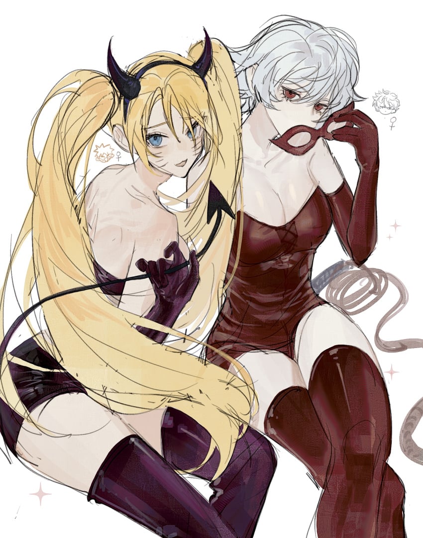 2girls black_gloves black_legwear blonde_hair blue_eyes canon_genderswap cleavage crossed_legs crossover devil_horns dominatrix domino_mask elbow_gloves female female_only genderswap_(mtf) ginko_sakata gintama gintoki_sakata gloves leotard long_hair looking_at_viewer mask mask_removed medium_breasts naruko naruto naruto_(series) naruto_shippuden official_alternate_costume pale-skinned_female pale_skin red_eyes red_gloves red_legwear red_leotard rule_63 short_hair silver_hair sitting succubus_tail thighhighs twintails uzumaki_naruto very_long_hair whip whisker_markings white_hair ynrrr