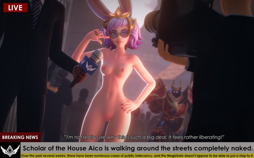 3d broadcast bunny_ears camera casual clothed_male_nude_female completely_nude crowd exhibitionism female glasses human jineisho khan_(paladins) microphone news nudist paladins pale_skin public public_nudity rei_(paladins) reporter smile text