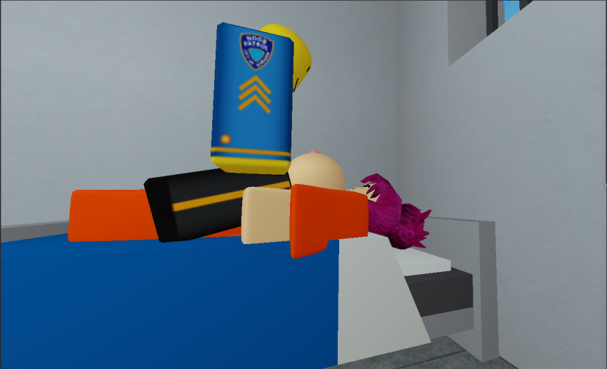 1boy 1girls 3d ass big_ass big_breasts breasts female male_on_top maledom orange_jumpsuit paizuri penis pink_hair prison prison_cell prison_guard prison_uniform prisoner roblox robloxian self_upload straight tagme titjob vagabondxd