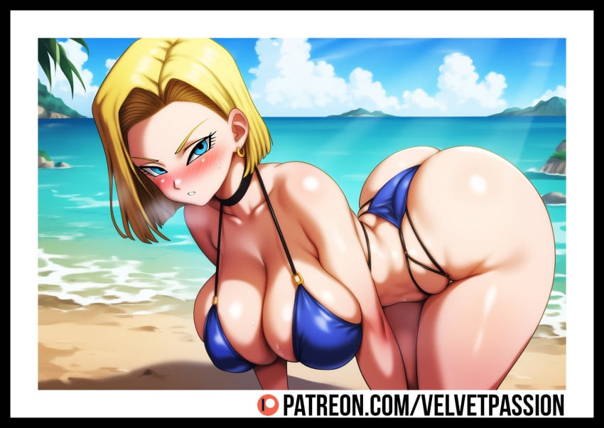 1female ai_generated all_fours android_18 beach big_ass big_breasts big_thighs bikini blonde_female blonde_hair blue_eyes dragon_ball dragon_ball_super dragon_ball_z female female_focus female_only light-skinned_female light_skin patreon velvetpassion