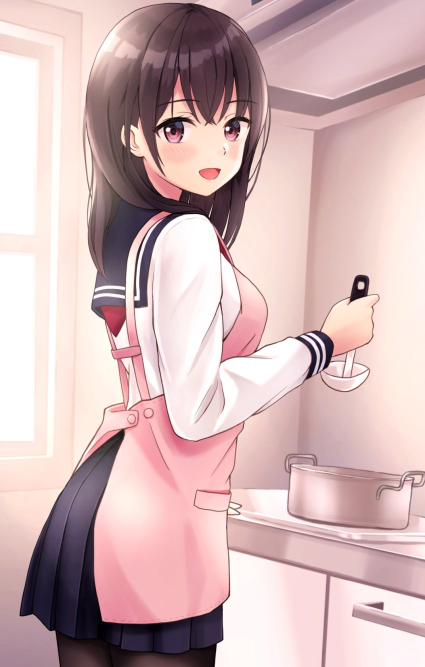 1girls apron blue_skirt breasts brown_hair cabinet cooking_pot holding_ladle ladle long_hair looking_at_viewer original pantyhose pink_apron pink_eyes sailor_collar school_uniform shirt skirt small_breasts stove white_shirt window yukimaru217