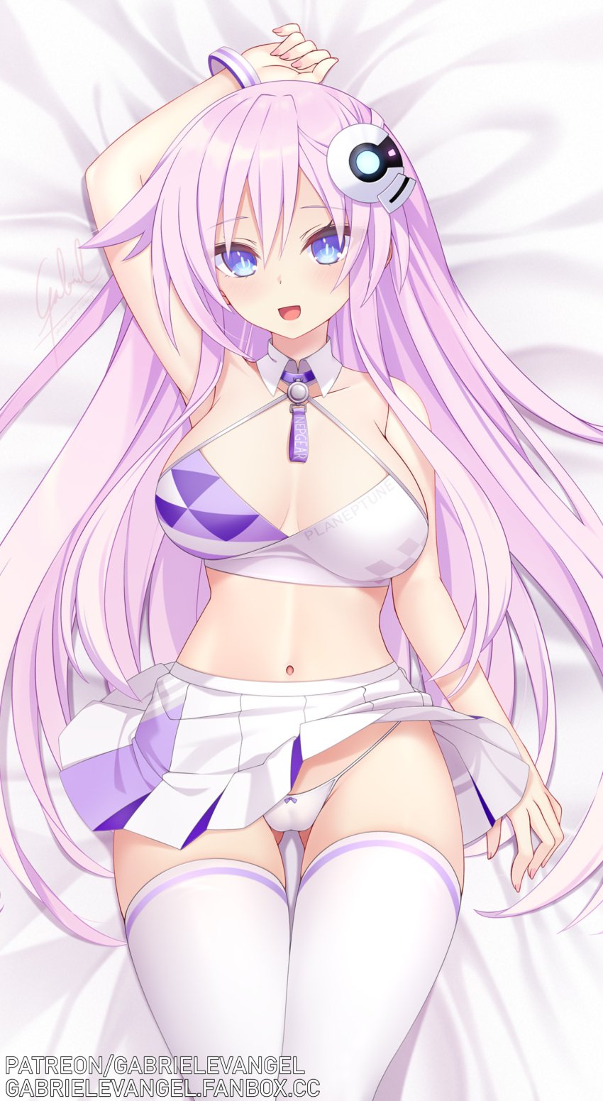 1girls blue_eyes bracelet breasts cheerleader cheerleader_uniform crop_top dakimakura_(medium) gabriel_evangel hair_ornament large_breasts long_hair looking_at_viewer midriff navel nepgear neptunia_(series) panties purple_hair purple_sister skirt thighhighs upskirt white_crop_top white_panties white_skirt