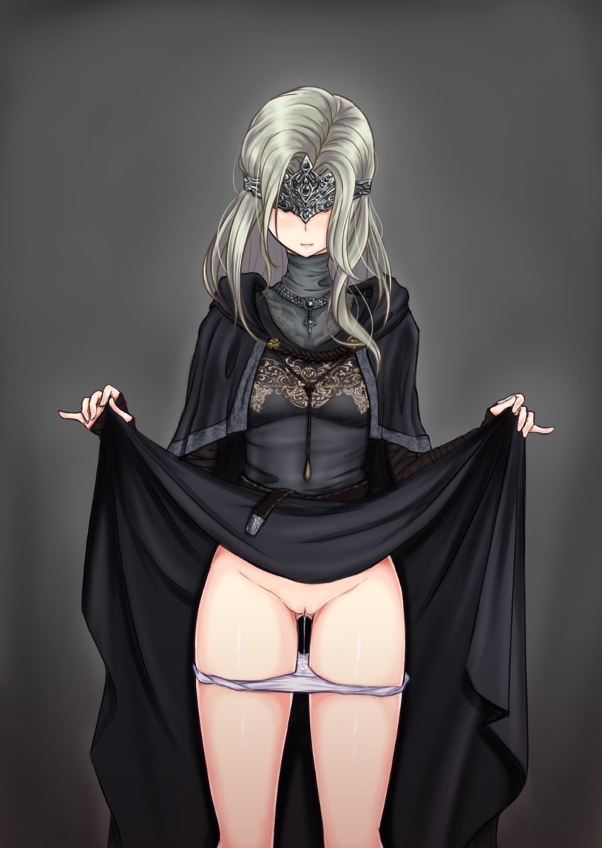 artist_request covered_eyes dark_souls dark_souls_3 dress_lift facing_viewer female fire_keeper fromsoftware grey_background grey_hair jewelry lifted_by_self mask necklace panties panties_down pussy pussy_juice simple_background solo souls_(from_software) standing uncensored wavy_mouth wrist_wraps