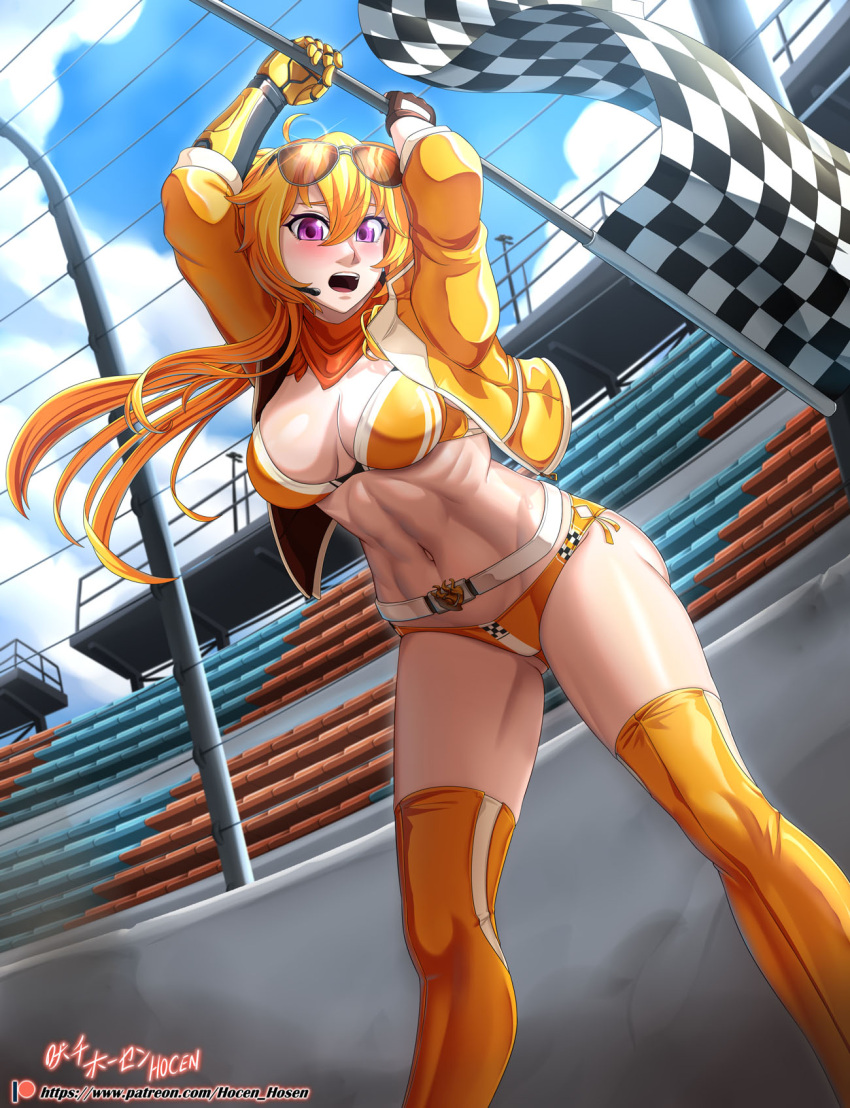 1girls abs blonde_female blonde_hair bra checkered_flag half-dressed hocen long_hair long_hair_female open_jacket purple_eyes race_queen racing_suit robotic_arm rwby sunglasses sunglasses_on_head yang_xiao_long