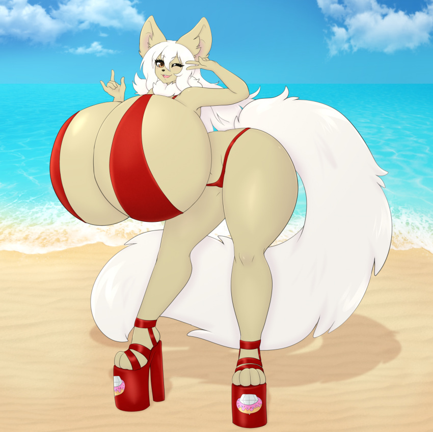 anthro beach bikini breasts cinccino female female_only furry heels hi_res high_heels huge_breasts hyper_breasts one_eye_closed open_mouth peace_sign pokémon_(species) pokemon pose shiny_cinccino shiny_pokemon suika-x tagme tail thick_thighs thighs v water