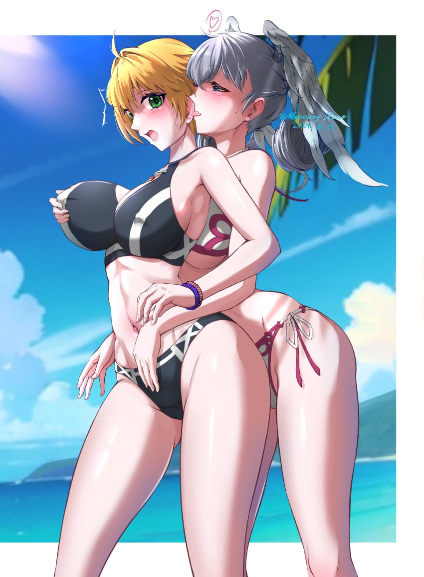 2girls absurd_res alternate_costume beach bikini black_bikini blonde_hair blue_hair blush breast_grab breast_squeeze breasts busty cleavage curvy dominant_female domination erect_nipples female female_only femdom femsub fiora_(xenoblade) grabbing_breasts green_eyes groping_breasts groping_from_behind head_wings heart highres large_breasts lezdom lezsub licking medium_breasts melia_antiqua mercury_xeno midriff monolith_soft multiple_girls navel nintendo official_alternate_costume pink_bikini silver_hair slim_waist submissive submissive_female thick_thighs thighs voluptuous_female wide_hips wings wings_on_head xenoblade_(series) xenoblade_chronicles yuri