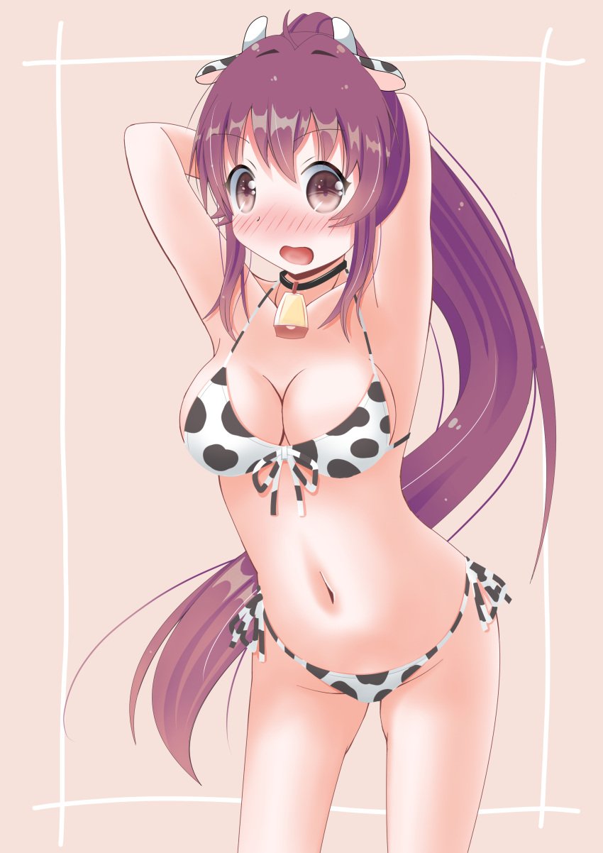 1girls ahoge arms_behind_head blush breasts cleavage cow_bell_collar cow_ears cow_print cow_print_bikini fake_animal_ears female female_only hanazono_y large_breasts light-skinned_female light_skin long_hair open_mouth ponytail purple_eyes purple_hair simple_background solo sugiura_ayano yuru_yuri