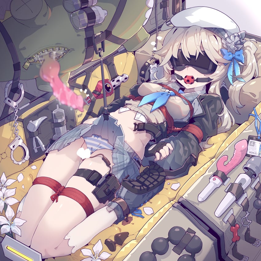 absurdres animal_penis arms_behind_back ball_gag black_blindfold black_footwear blindfold blue_neckerchief bondage bound breasts character_request commentary_request dildo female full_body gag gagged girls'_frontline grey_hair grey_skirt highres hitachi_magic_wand imazawa knotted_penis long_hair lying medium_breasts miniskirt navel neckerchief on_back open_mouth paid_reward_available penis plaid plaid_skirt pleated_skirt restrained sex_toy shoe_soles side_ponytail skirt solo variant_set vibrator wavy_mouth white_headwear