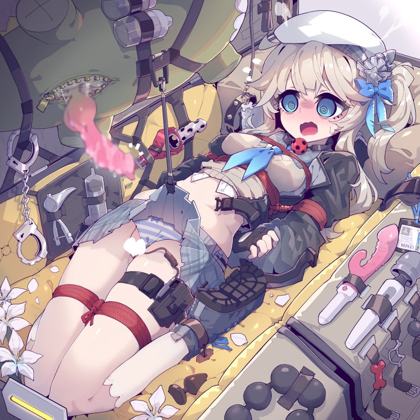 @_@ absurdres animal_penis arms_behind_back ball_gag black_footwear blue_eyes blue_neckerchief bondage bound breasts character_request commentary_request dildo female full_body gag girls'_frontline grey_hair grey_skirt highres hitachi_magic_wand imazawa knotted_penis long_hair lying medium_breasts miniskirt navel neckerchief on_back open_mouth paid_reward_available penis plaid plaid_skirt pleated_skirt restrained sex_toy shoe_soles side_ponytail skirt solo variant_set vibrator wavy_mouth white_headwear