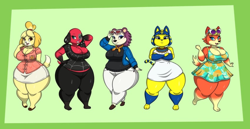 animal_crossing ankha audie_(animal_crossing) big_breasts breasts cherry_(animal_crossing) cleavage female female_focus female_only isabelle_(animal_crossing) labelle_able lj_caffie nintendo thick_thighs thighs wide_hips