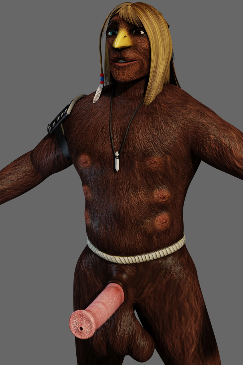 3d balls beak blonde_hair fur furry heterochromia horsecock male male_only multi_balls multi_genitalia multi_nipple penis xavier_(xra) xavier_renegade_angel