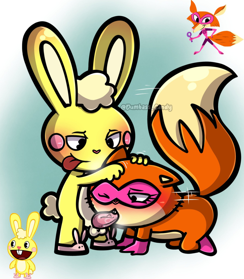 animal_genitalia animal_penis blowjob blush bunny bunny_tail cuddles dumbass_candy fox fox_ears fox_girl fox_tail grabbing_head happy_tree_friends orange_fur orange_hair orange_skin pink_boots pink_mask pink_slippers superheroine tongue_out yellow_body yellow_fur yellow_hair yellow_skin