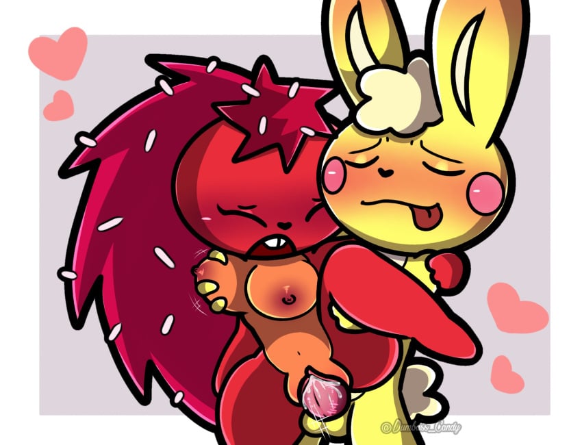 animal_genitalia big_penis blush bunny bunny_tail closed_eyes cuddles_(htf) cute dumbass_candy flaky_(htf) grabbing_breasts happy_tree_friends heart holding_leg holding_legs holding_legs_up medium_breasts moaning orange_body porcupine red_body red_hair red_quills tongue_out yellow_body yellow_fur yellow_hair