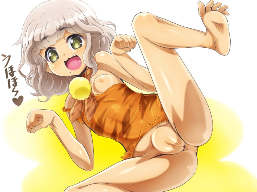 barefoot beauty_mark bottomless cute_fang feet female huge_eyes looking_at_viewer one_breast_out one_leg_raised open_mouth pointy_chin pripara soles taiyou_pepper toes wavy_hair yellow_eyes