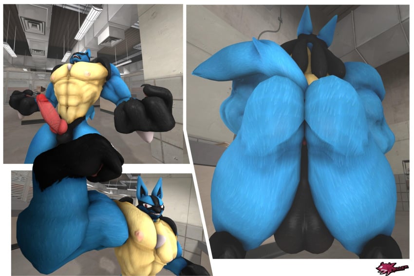 big_ass big_balls big_penis blue_fur completely_nude_male expansion furry growth hand_transformation human_to_anthro killerchidna lucario mid_transformation muscle_growth muscular muscular_male nude pokemon pokemon_(species)