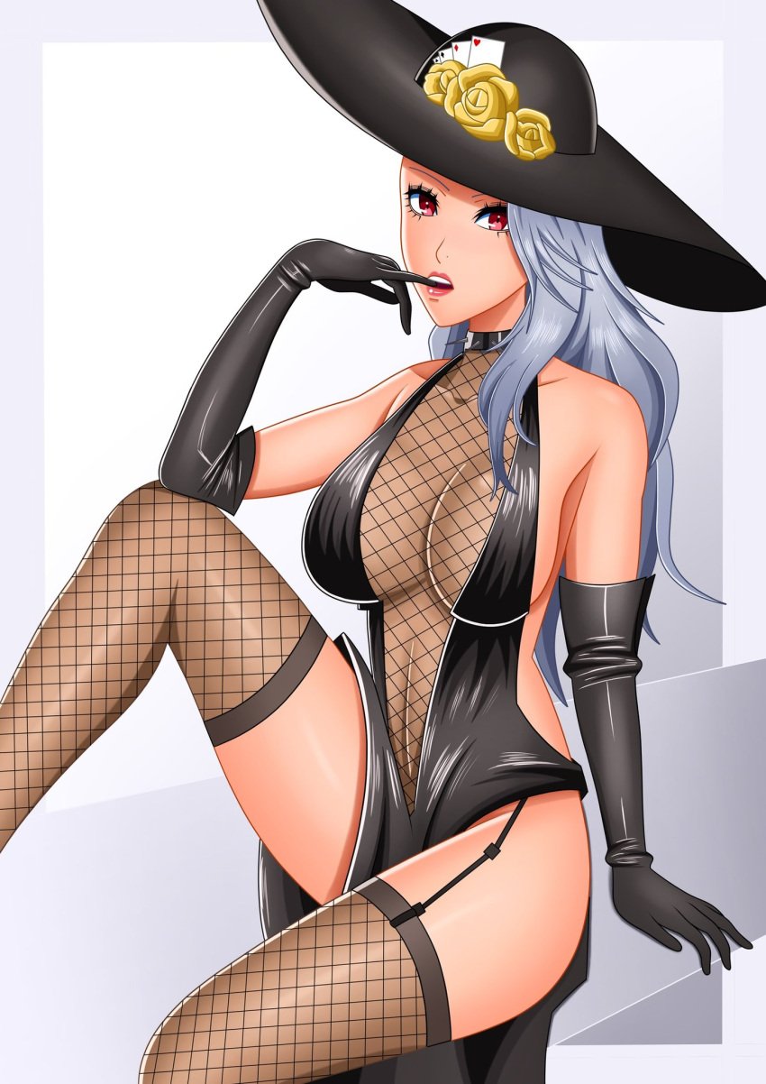 1girls atlus big_breasts breasts dress female female_only hat huge_breasts large_breasts looking_at_viewer megami_tensei persona persona_5 red_eyes rrl0215 sae_niijima shadow_sae silver_hair solo thick_thighs