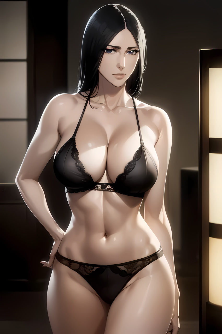 1girls ai_generated big_breasts black_hair bleach bleach:_the_thousand-year_blood_war blue_eyes bra breasts cleavage female female_only hair_down huge_breasts indoors light-skinned_female light_skin lingerie long_hair loose_hair mature mature_female mature_woman midriff milf nai_diffusion paipan pale-skinned_female pale_skin panties seducing seduction seductive seductive_eyes seductive_look seductive_smile sinner_ai solo solo_focus stable_diffusion thick_thighs thighs underwear underwear_only unohana_retsu very_long_hair voluptuous voluptuous_female