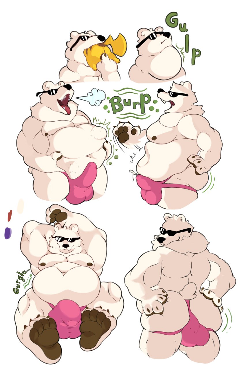 absurd_res anthro ass bear belly big_belly bulge burping clothed clothing digestion digestion_noises duo erection eyewear fatal_vore generation_1_pokemon hi_res ice_climber male male_pred mammal nintendo nipples onomatopoeia open_mouth oral_vore partially_inside pikachu pokemon pokemon_(species) polar_bear polar_bear_(ice_climber) rumbling_stomach simple_background size_difference sound_effects stomach_bulge sunglasses swallowing tail teeth text tongue tongue_out underwear ursine vore watagenodebi