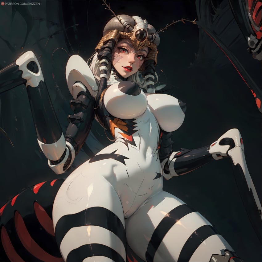 1girls ai_generated antlers big_breasts colored_skin from_below looking_at_viewer looking_down monster_girl mosquito_girl_(one-punch_man) one-punch_man red_eyes skizzen thighs thin_waist white_skin wide_hips