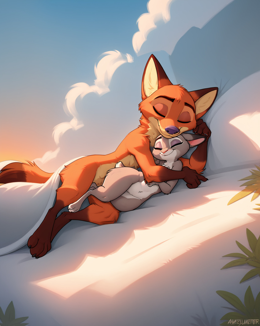 1boy 1girls ai_generated alucard_(artist) anthro canine closed_eyes disney female fox furry hug judy_hopps lagomorph male male/female navel nick_wilde nude rabbit sleeping zootopia