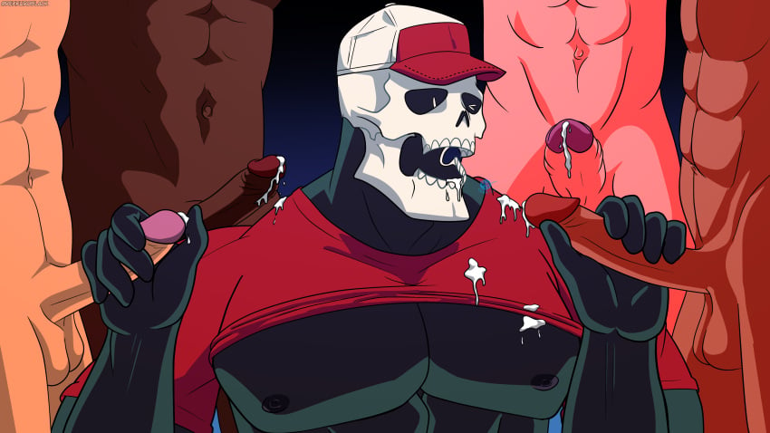 blowjob bukkake cap cum cum_in_mouth cum_on_face cumshot double_dragon gangbang handjob hat male male_focus male_only naughty_rexkuro river_city_girls skull skull_head skull_mask skullmageddon wink