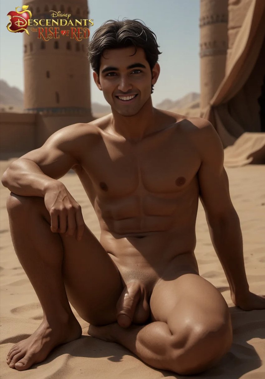 1boy ai_generated aladdin_(character) aladdin_(descendants) arabian autohotto descendants descendants_the_rise_of_red desert disney_channel gay male male_only naked naked_male smile smiling smiling_at_viewer tan_skin