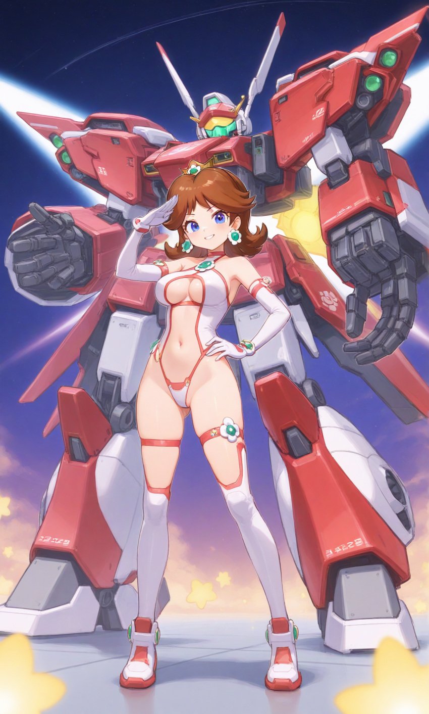 ai-generated ai_generated blue_eyes breasts brown_hair female highres looking_at_viewer mario_(series) mecha mechabare medium_breasts non-web_source princess_daisy robot salute solo standing