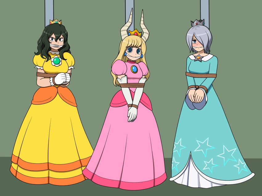 3girls black_eyes black_hair blonde_hair blue_eyes bondage bound_arms bound_wrists cleave_gag clothing crown dress female female_only gag gagged grey_hair horns looking_at_viewer mario_(series) multiple_girls my_hero_academia nivek nivek15 princess_daisy_(cosplay) princess_peach_(cosplay) princess_rosalina_(cosplay) reiko_yanagi standing tied_to_pole tokage_setsuna tsunotori_pony yanagi_reiko