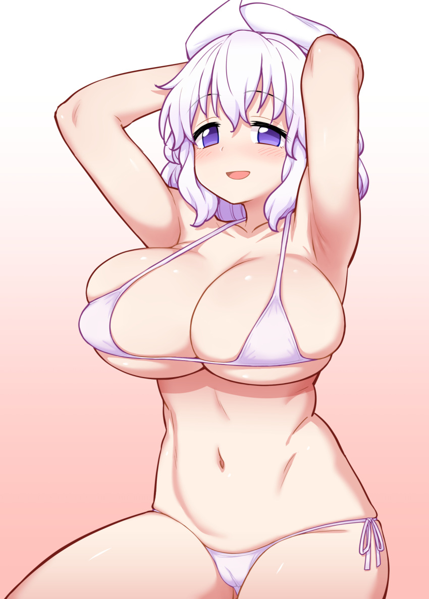 :d armpits arms_behind_head bikini blush breasts camel cleavage female gradient_background hat highres itou_yuuji large_breasts letty_whiterock navel open_mouth purple_eyes smile solo swimsuit touhou white_bikini white_hair