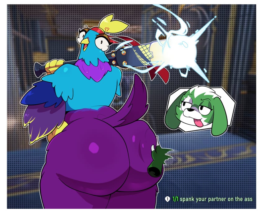 2d 2d_(artwork) 2girls 4_fingers anthro anthro_female anthro_only ass ass_bigger_than_head ass_focus avian back_view bat_(object) big_ass big_butt big_thighs bird blue_eyes budge_(fortnite) butt_bigger_than_head butt_focus canid canine canis clover_team_leader disembodied_hand english english_text epic_games feathered_wings feathers female female/female female_anthro female_only fortnite fortnite:_battle_royale glistening glistening_ass glistening_butt golden_bag_nero hand_on_hip huge_ass huge_butt looking_at_another looking_back multicolored_body multicolored_fur open_mouth rear_view smacking_ass smacking_butt spanked_butt spanking spanking_ass standing tail tail_feathers tearing_up tears text thick_thighs thighs thighs_together tongue tongue_out white_border wide_hips