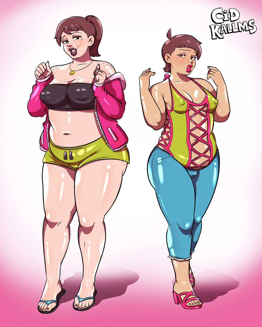 1boy 1femboy 1girls artist_name big_breasts brown_hair bulge chubby chubby_female chubby_femboy chubby_male cid_kallms clothed cooper's_mom_(cid_kallms) cooper_(cid_kallms) fat female femboy flip_flops freckles high_heels jeans male milf mother_and_son necklace nipple_bulge original painted_nails painted_toenails sandals short_shorts simple_background sissy