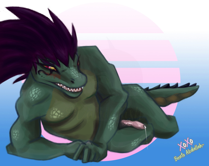 abdallah bento blush bodily_fluids crocodile crocodilian crocodylid erection genital_fluids genitals hair hi_res long_hair looking_at_viewer makeup male male_only nude penis precum reptile scalie smile teeth vandclash