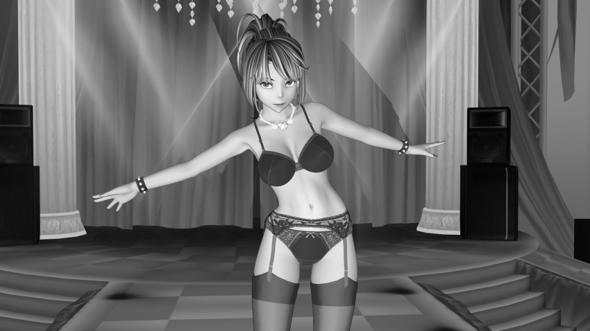 1girls 3d black_and_white black_panties female garter ponytail stockings underwear z375