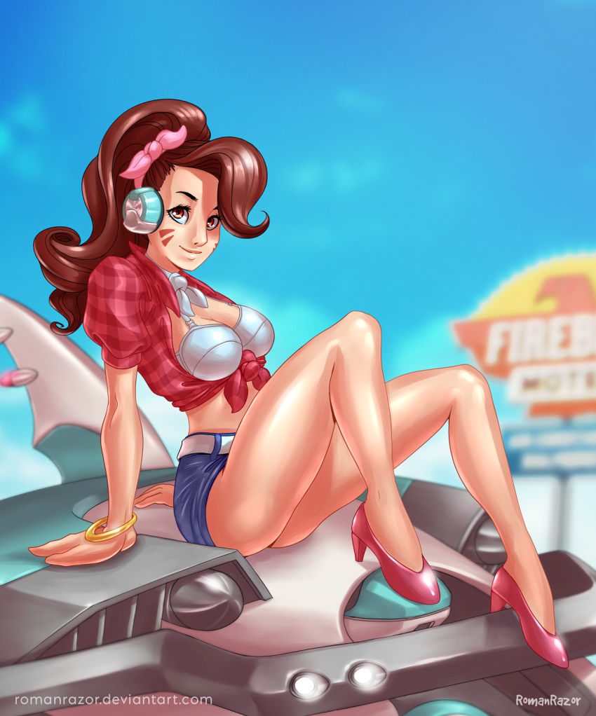 alternate_costume bra cruiser_d.va d.va female high_heels overwatch romanrazor route_66_(map) sitting solo