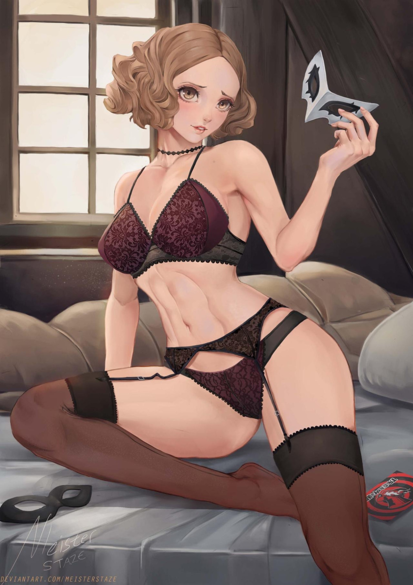 1girls female female_only garter_belt haru_okumura lingerie mask meister_staze persona persona_5 pinup solo stockings uncensored underwear