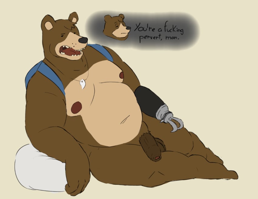 accessories_only adrian_dough amputee annoyed anthro balls bear belly brown_body claw_(deadwingdork) deadwingdork disability english_text flaccid foreskin genitals lying male male_only mammal nipples nude on_side only_male overweight overweight_male penis prosthetic prosthetic_arm prosthetic_limb solo solo_male speech_bubble teeth text
