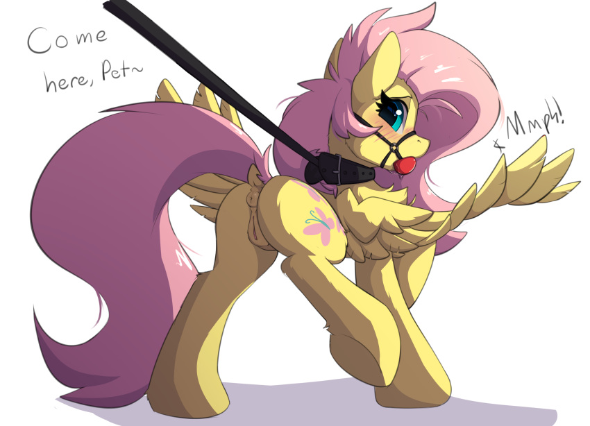 2019 absurd_res anus ass ball_gag blush collar cutie_mark dialogue english_text equine female femsub feral fluttershy_(mlp) friendship_is_magic gag gagged hi_res leash livinthelife0friley looking_at_viewer mammal my_little_pony pegasus pussy red_ball_gag simple_background solo text wings