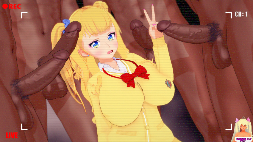 1girls 3d 4boys big_penis bimbo blonde_hair breasts dark-skinned_male dark_skin female galko galko-chan gangbang hair imminent_gangbang interracial koikatsu male multiple_penises numbersguy oshiete! oshiete!_galko-chan surrounded_by_penises veiny_penis video_camera