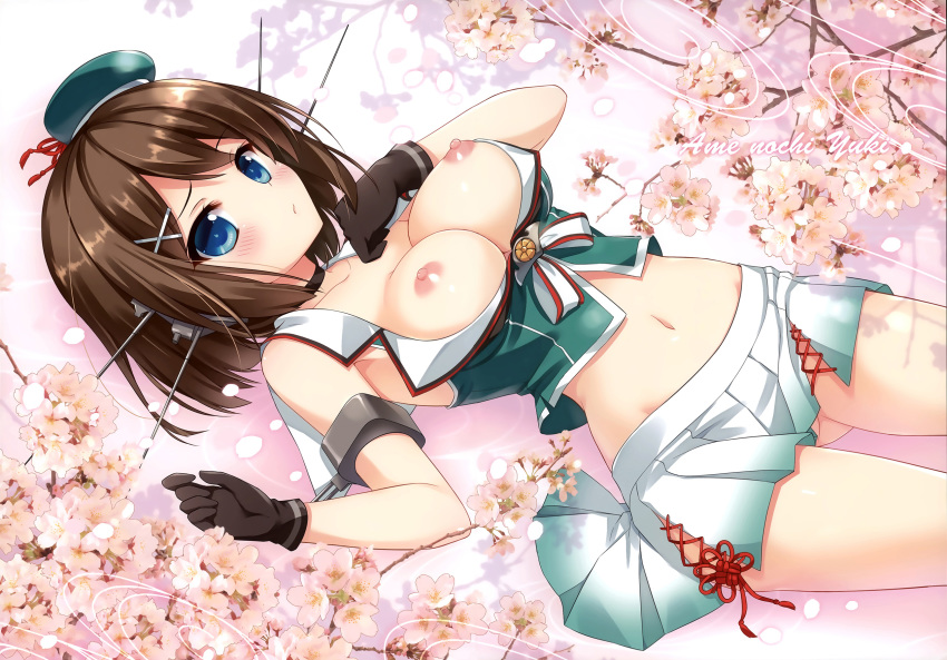 ameto_yuki blue_eyes breasts brown_hair female flower gloves hat highres kantai_collection large_breasts lying maya_(kantai_collection) midriff miniskirt nipples remodel_(kantai_collection) short_hair skirt solo uniform