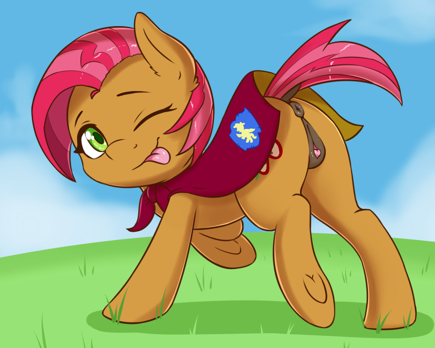 2017 anatomically_correct anatomically_correct_pussy anus ass babs_seed_(mlp) butt_focus cape clothing cutie_mark earth_pony equine fearingfun female feral freckles friendship_is_magic grass green_eyes hair hi_res horse looking_at_viewer mammal mane my_little_pony one_eye_closed outside pink_hair pony pussy sky solo tongue tongue_out young