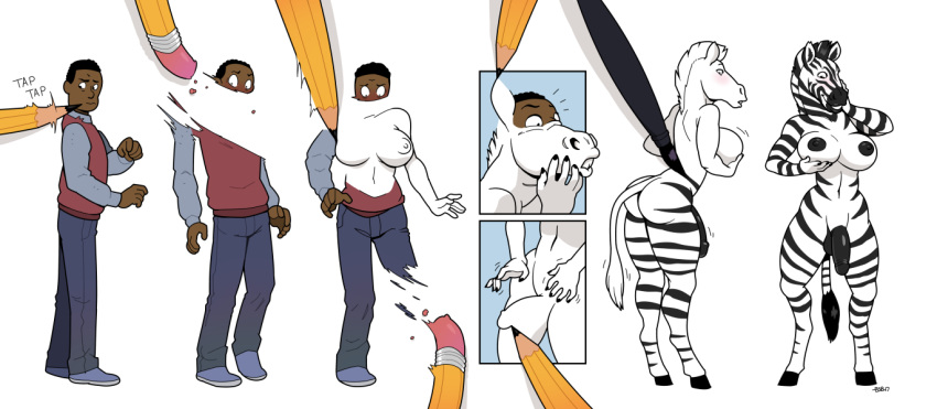 anthro balls blackshirtboy breasts comic drawing_transformation equine furry futanari futanari_transformation intersex male mammal pen pencil_(object) penis sequence transformation zebra