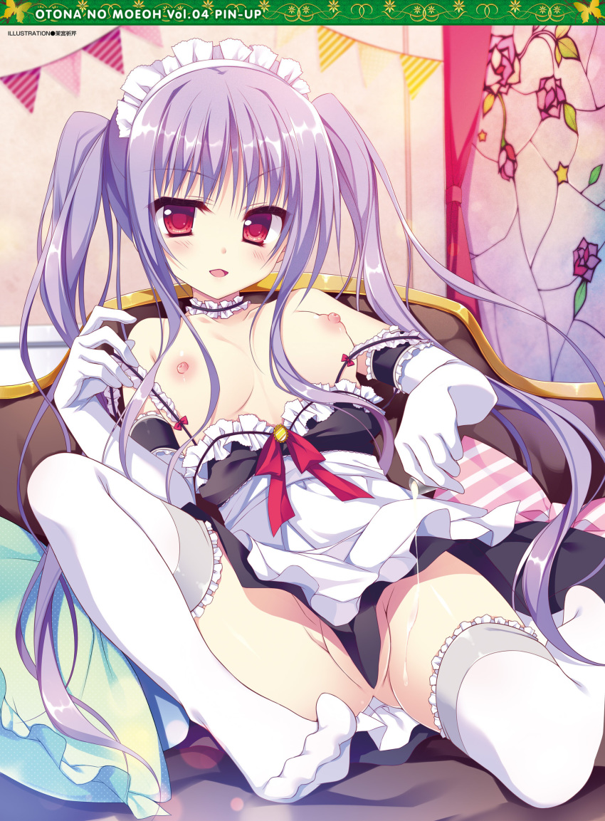 absurdres breasts couch female gloves highres indoors long_hair looking_at_viewer maid_headdress matsumiya_kiseri medium_breasts nipples no_panties open_mouth purple_hair red_eyes solo thighhighs twintails white_legwear