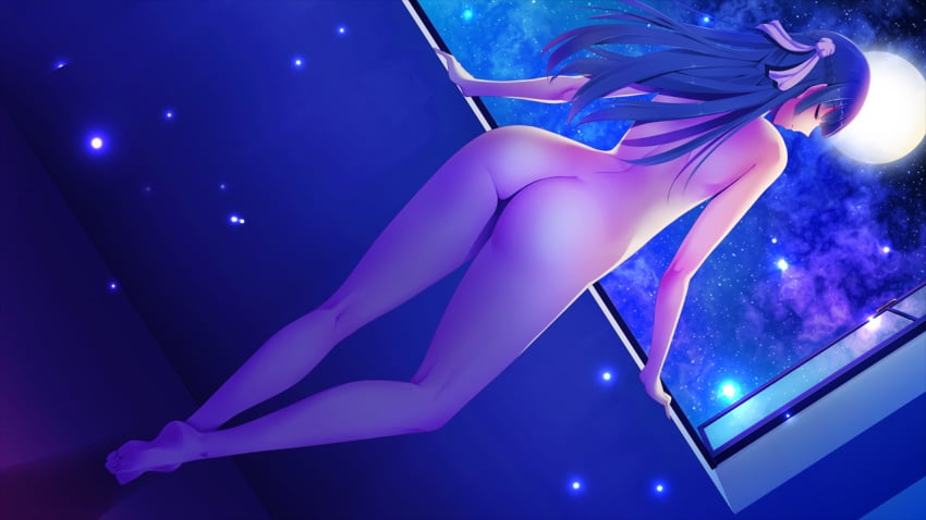 ass barefoot braid closed_eyes dutch_angle feet female long_hair moon msize night nude soles toes