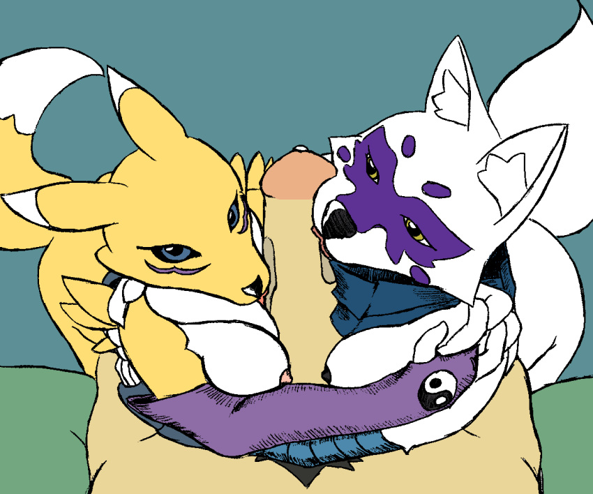 alopex animated arctic_fox black_sclera canine clothing colored crossover digimon dragonweirdo edit erection female fox group group_sex licking male mammal nipples partial_male penis renamon sex simple_background straight teenage_mutant_ninja_turtles threesome tongue tongue_out