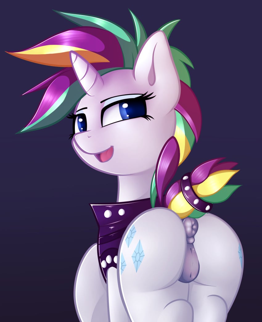 2017 anus black_background blue_eyes clothed clothing cutie_mark equine female feral friendship_is_magic hair horn looking_at_viewer looking_back mammal multicolored_hair my_little_pony neighday presenting presenting_anus presenting_pussy pussy raripunk rarity_(mlp) simple_background smile solo unicorn